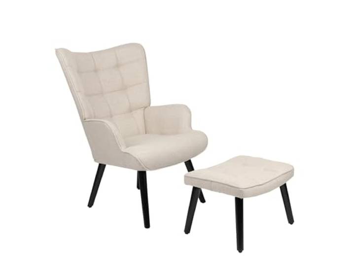 Hela Tische, Lounge-Sessel, Ohrensessel Set Paros, incl. Fußhocker, Webstoff Beige, Massivholzfuß lackiert, 68x75x97cm