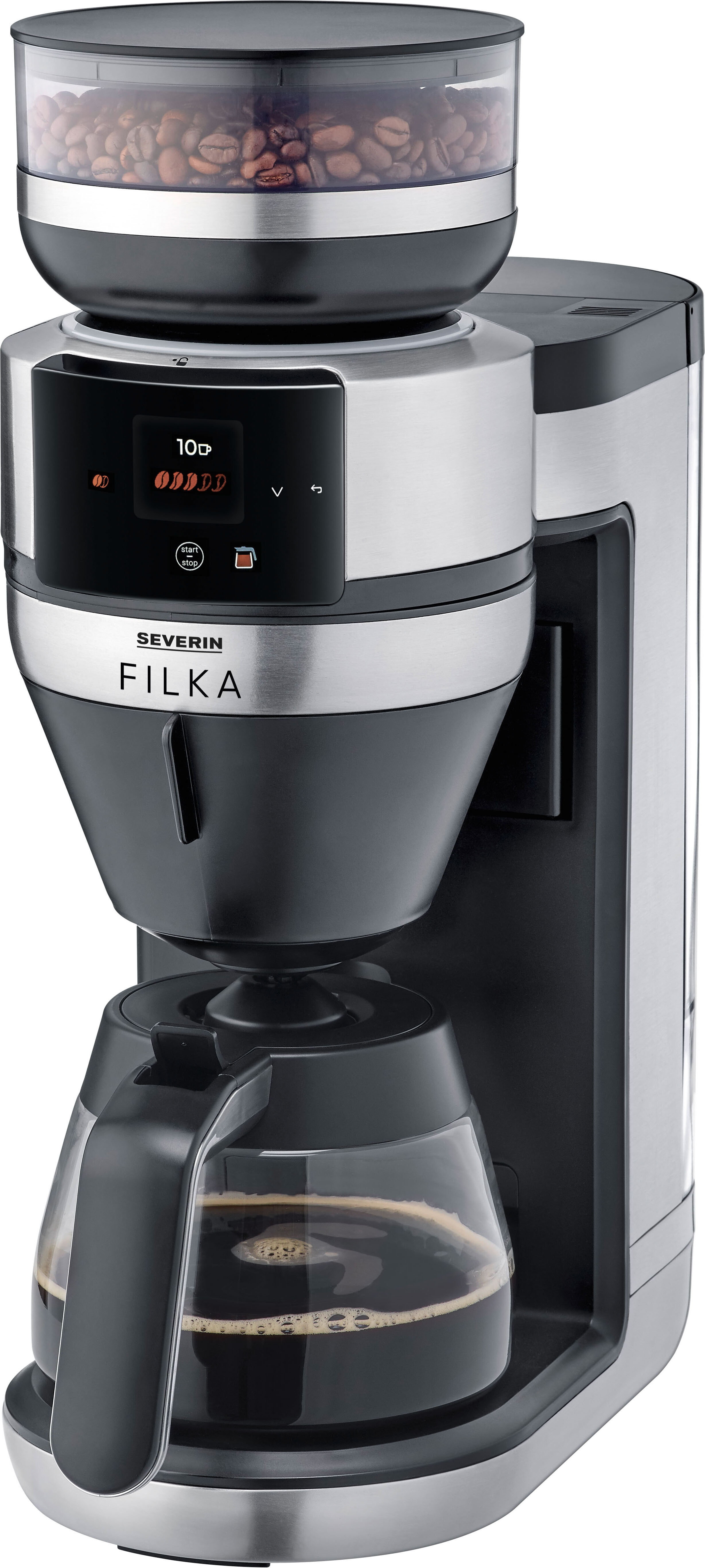 Severin Kaffeemaschine mit Mahlwerk "KA 4852 FILKA (2. Generation), Filterkaffee-Vollautomat", schwarz (gebürstet, matt, schwarz, silber), 1 l, 10, Kaffeemaschinen, mit Glaskanne, Kaffeemaschine mit Mahlwerk