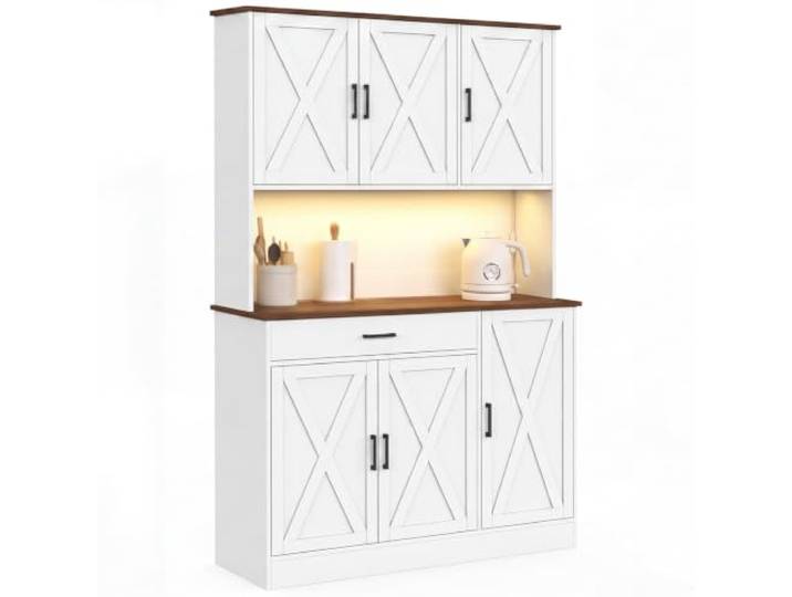 IDMarket - Küchenbuffet 120 cm Louise, 6 Türen + 1 Schublade, mit LED-Beleuchtung und Steckdosenleiste, weiß und in Nussbaumoptik