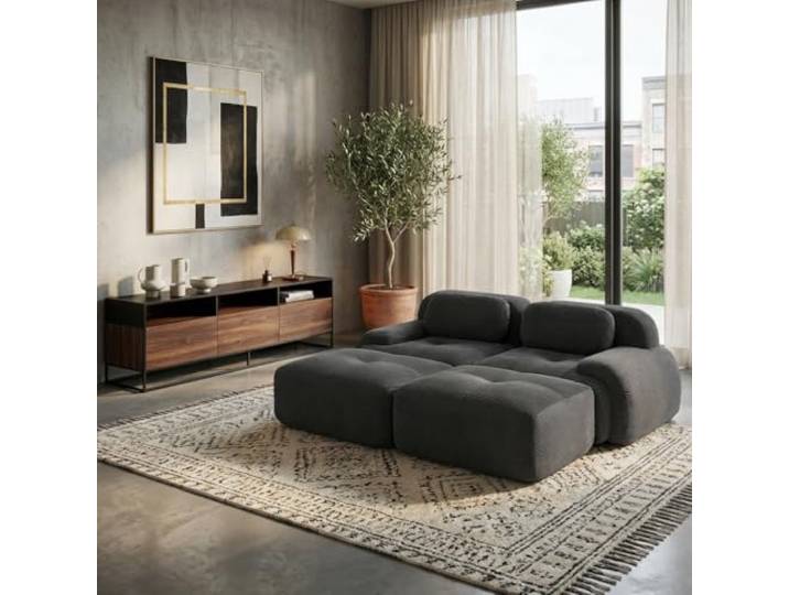 SoarTalent Bodensofa mit Schlaffunktion, 208cm 2-Sitzer, 2 Ottomanen, Grau Cordstoff modular, 2-Sitzer, 2 Ottomanen, vakuumverpackt ohne Montage, für Wohnzimmer/Schlafzimmer, Grau