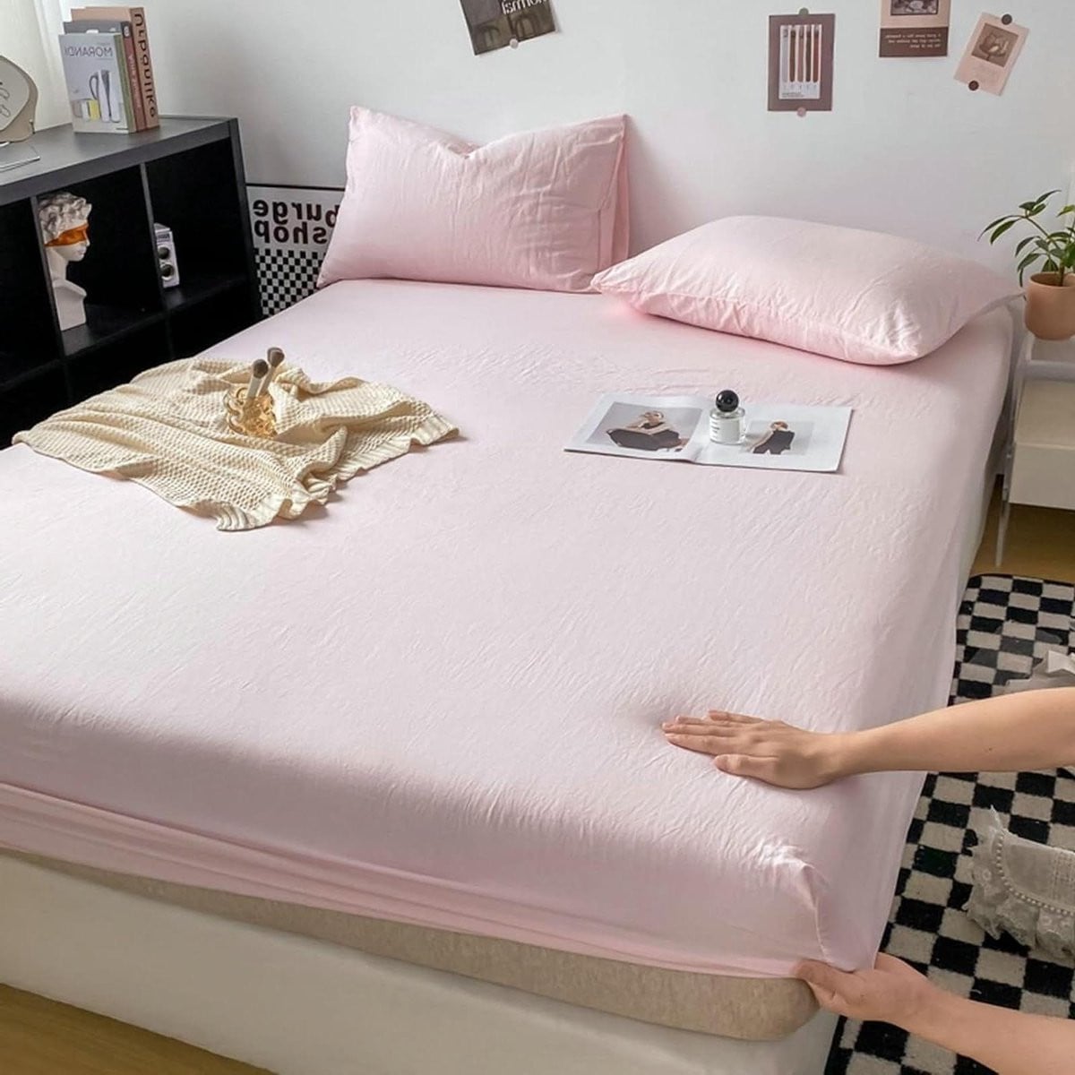 Lichtroze Beddengoed Set met Hoeslaken en Kussenslopen van Ademend Polyester Katoen voor Volwassenen, 120x200 cm