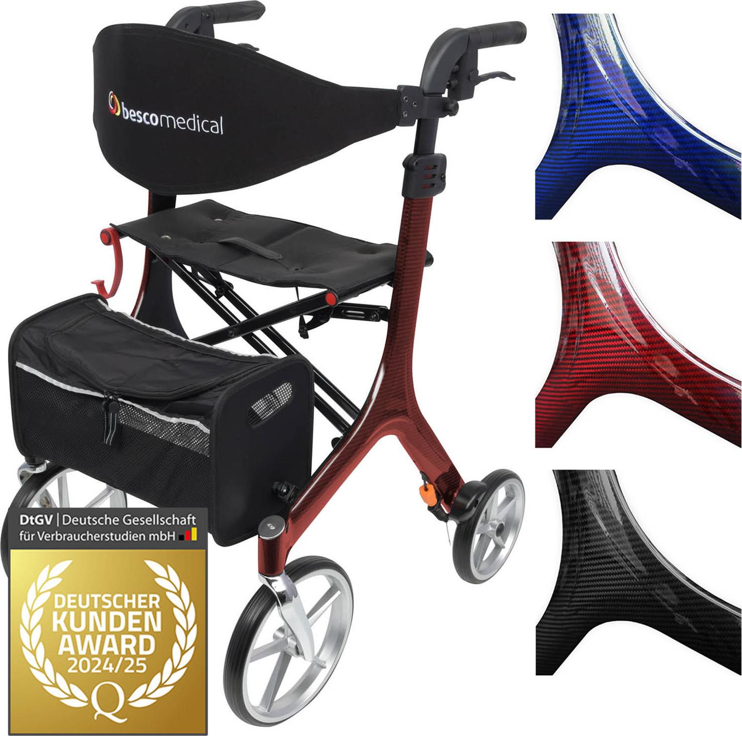 Bescomedical Leichtgewicht-Rollator Carbon - Bordeauxrot - Modell S - faltbare Gehhilfe mit Rückengurt, Netztasche und Stockhalter