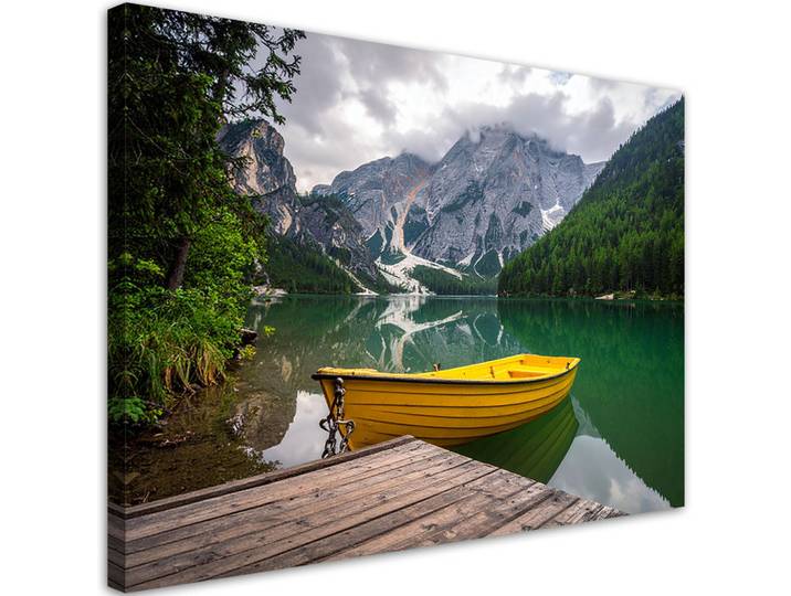 Feeby Leinwandbild See Boot Berge Landschaft 100x70cm, Grün, Landschaft/Berg, Rechteckig, 100x70 cm, Bilder & Rahmen, Bilder, Leinwandbilder