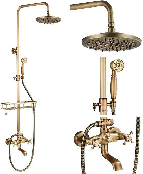 Unyqoos Douchesysteem met watervalregenkop van 20 cm, handdouche en baduitloop, verstelbare hoogte 100 tot 135 cm, antiek messing en verchroomd roestvrij staal