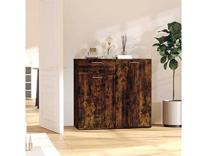 RJPLMFV Anrichte, rauchfarbene Eiche, 80 x 36 x 75 cm, Holz, Technik Minimalistisches Design, Tür und Schublade umkehrbar, vielseitige Aufbewahrung, Wandbefestigung inklusive