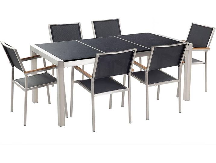BELIANI Gartenmöbel Set Schwarz Granit Edelstahl Tisch 180 cm Poliert 6 Stühle Terrasse Outdoor Modern