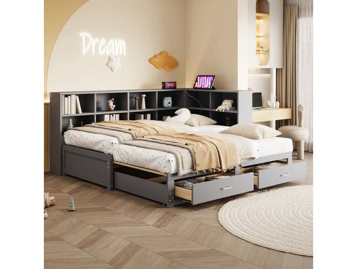 Canapé‑lit multifonction - N623P286322E - Bois massif - Couchage 180×190 cm - Rangements & prise multifonction