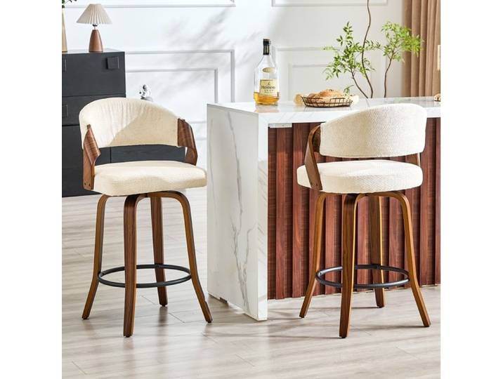 Tabouret De Bar Blanc Tissu Siège Haut Design FloraGrace Pour Cuisine Dossier Ergonomique 42x51x95cm