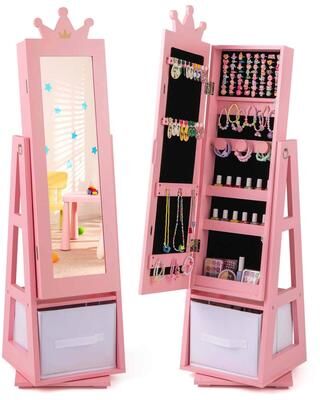 Swivel Kids Jewelry Cabinet Full Length Mirror Jewelry Armoire Shelf
