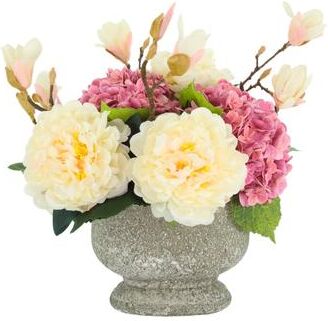 Creative Labs Transitional Arrangement with Peonies and Hydrangeas in a Stone Pot with Butterfly Magnolias