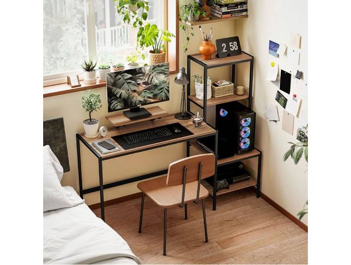 Bureau informatique 150 x 48 x 125 cm avec 4 étagères réversibles rehausse écran support CPU marron