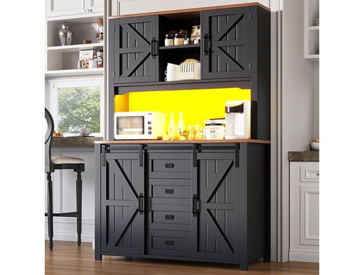 Buffet de cuisine haut 115 cm avec portes coulissantes LED multicolore niches et tiroirs pour cuisine noir - UVRION