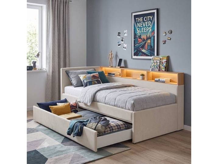 Polsterbett Nalea Komfort Velours mit Bettschublade und Beleuchtung 90x200 cm modern, Mit
