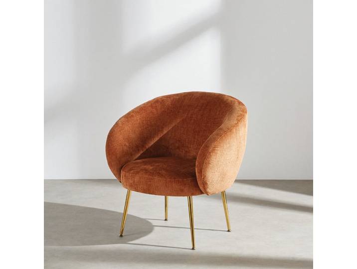 Sessel mit braunem Chenille-Polyesterstoff mit Eichhörnchenmuster und goldfarbenen Stahlbeinen