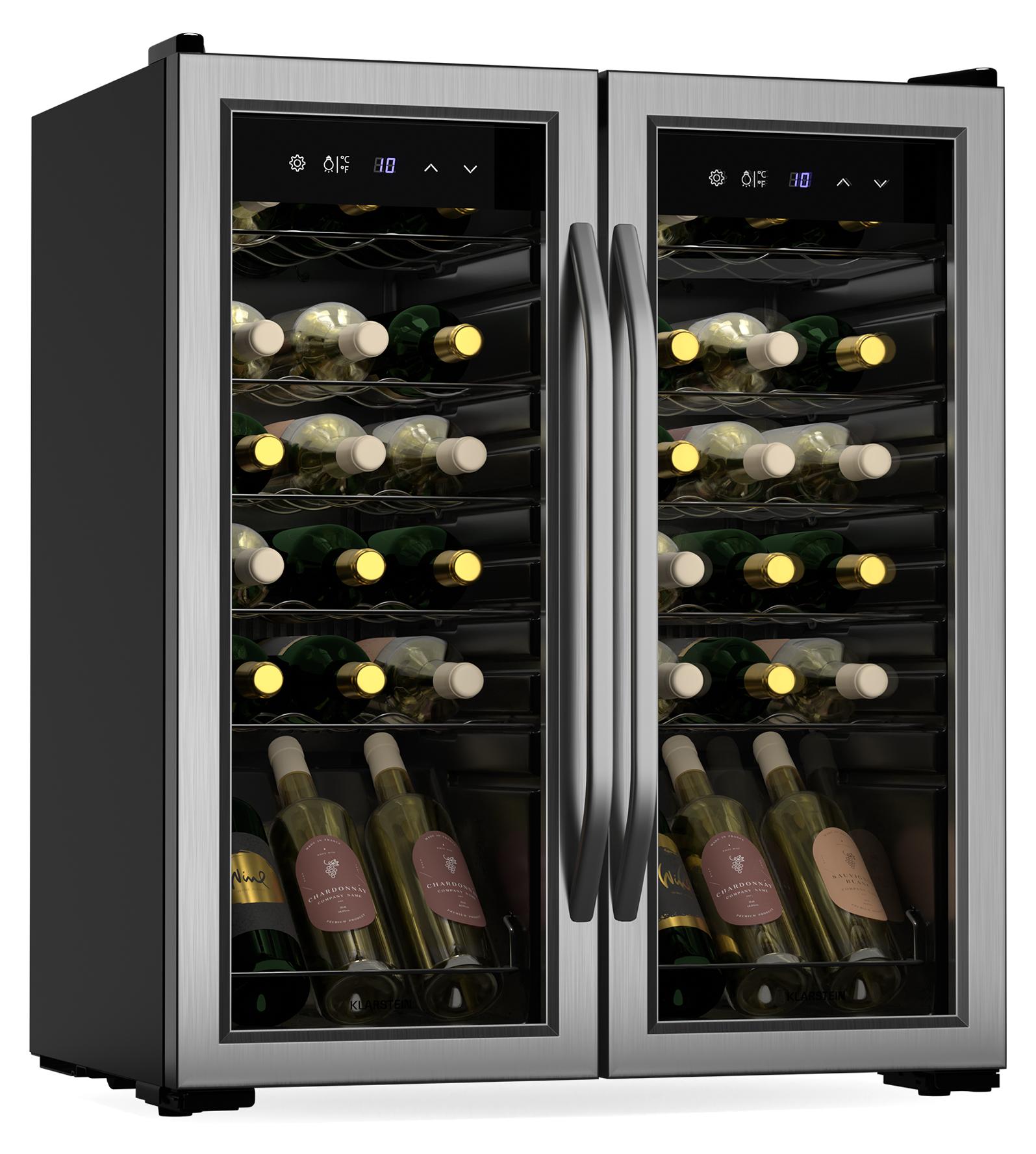 Klarstein Vinamour Weinkühlschrank 2 Zonen - 36 Flaschen, 5-18 °C, Touch-Steuerung, LED-Beleuchtung, Freistehend, UV-Schutz, Edelstahl Doppeltür
