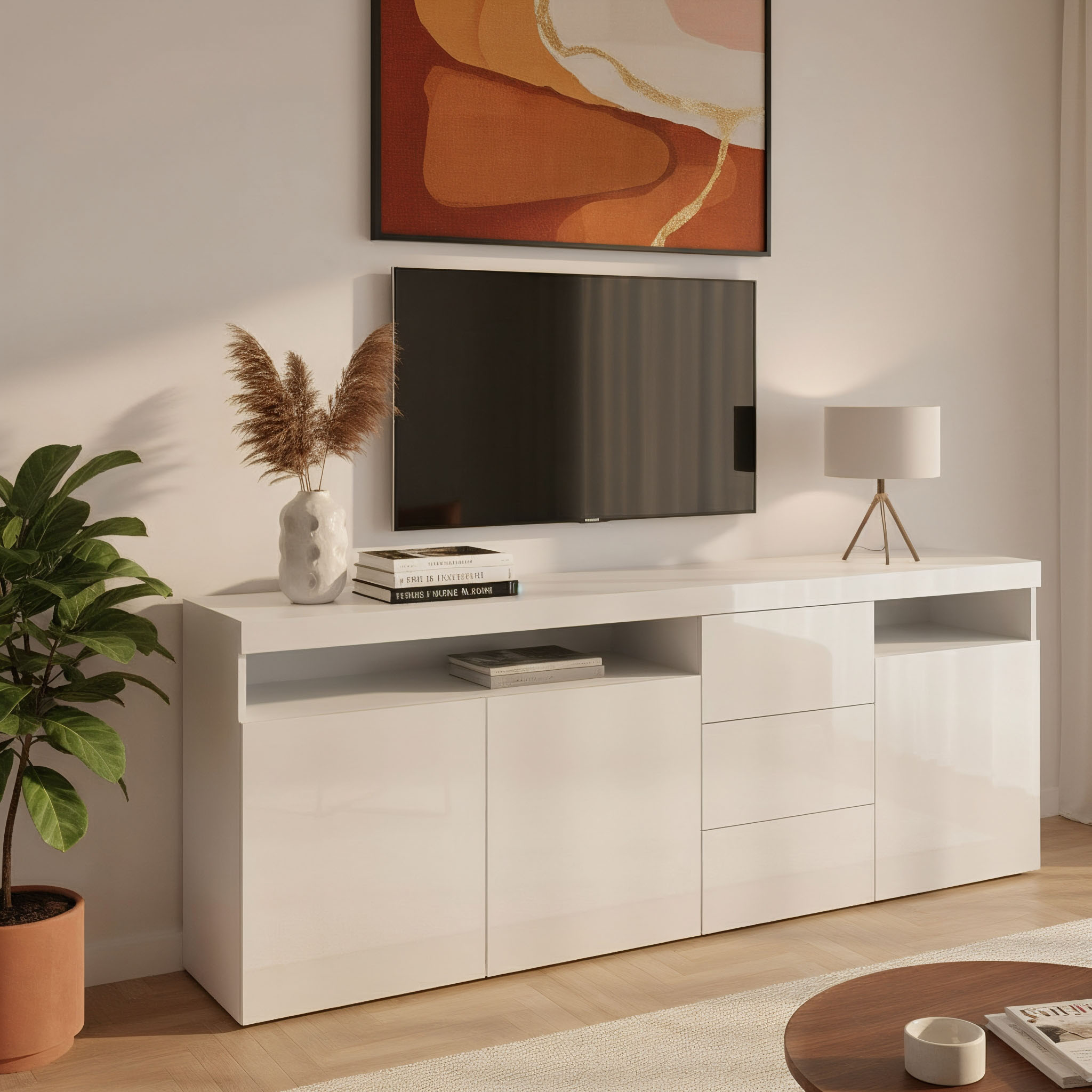 Sideboard BORCHARDT MÖBEL "Kapstadt, Kommode mit Push-to-open-Funktion, Hochglanz-Dekor", weiss (weiß, glänzend), B:200cm H:72cm T:35cm, Spanplatte, Sideboards, Sideboard, Breite 200cm mit viel Stauraum, 3 Schubfächern und 3 Türen weiß, glänzend B/H/T: 20