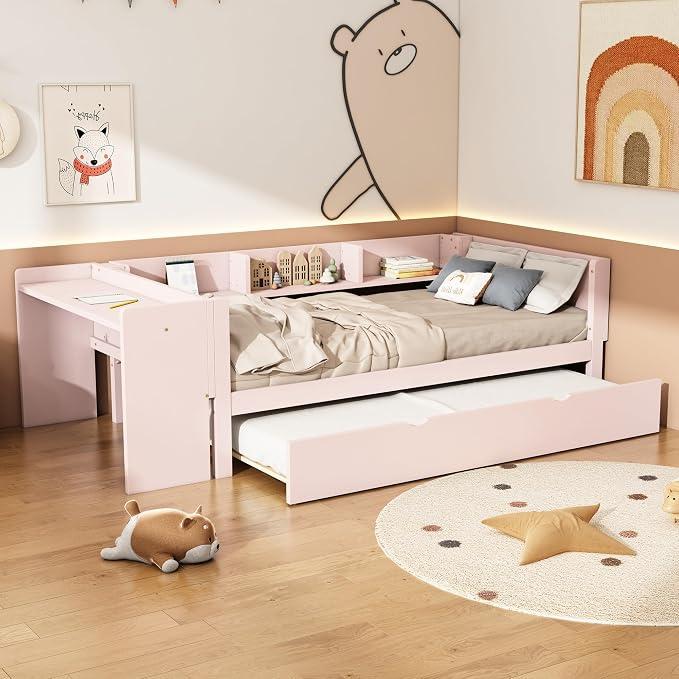 Kinderbett mit Ausziehbett, Schreibtisch & Regalen, 90 x 200 cm, Rosa | Multifunktionales Design mit integriertem Arbeitsplatz, praktischem Gästebett und seitlichem Stauraum für Kinderzimmer.