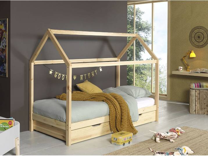 Hausbett VIPACK Dallas, Hausbett Kiefer massiv, stabil gebaut, mit Rolllattenrost , beige (natur), B:98cm H:158,5cm L:208cm, Boden Bettschublade Hartfaser, Betten, Hausbett, wahlweise mit oder ohne Bettschublade, 2 Farben zur Wahl