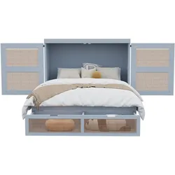 Schrankbett 140x200 platzsparend mit Lattenrost Rattan-Optik Schubladen Stauraum Murphy-Bett Möbel Schlafzimmer Modern Grau