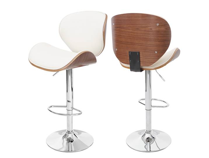 Barhocker Foxrock, Barstuhl, Holz Bugholz Retro-Design Walnuss-Optik, Kunstleder creme