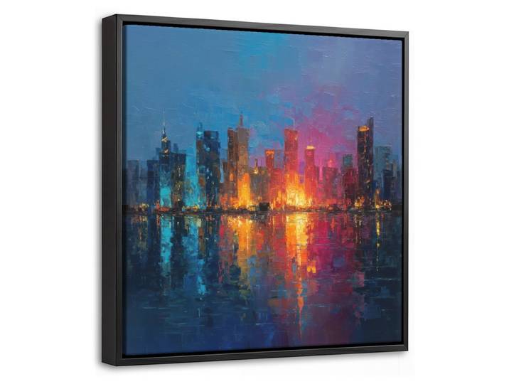 LEINWAND Bilder mit Rahmen - Skyline - Pinselstriche - Dunkelblau - Leuchtend - 20x20