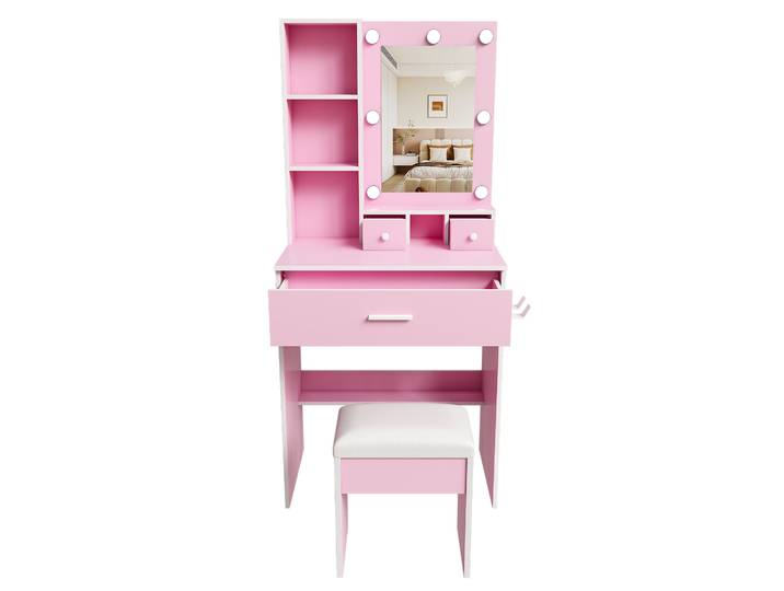 Coiffeuse Rose Avec Miroir Led Réglable\, Tiroirs\, Prise Intégrée Et Tabouret Rembourré - Mdf\, 60x38x131\,5 Cm