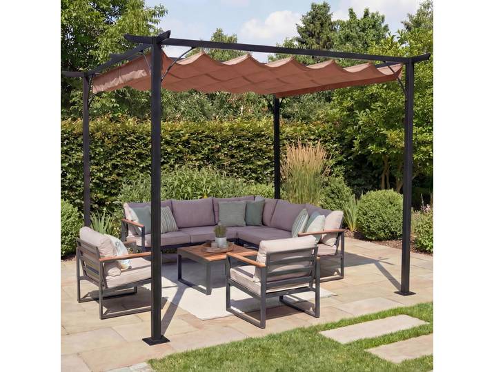 Pergola HWC-C42, Garten Pavillon, stabiles 6cm-Gestell + Schiebedach 3,5x3,5m taupe-braun