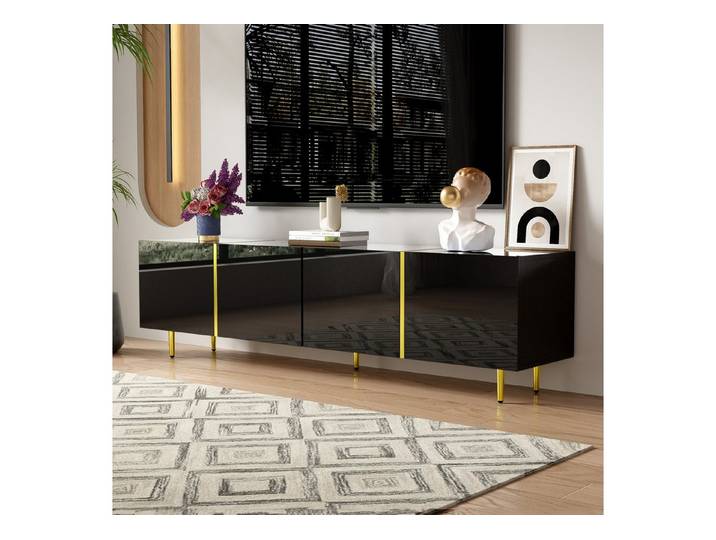 Furnishings Home TV-Schrank TV-Schrank Modern Hochglanz-TV-Schrank mit vier Türen Weiß Schwarz (1-St) Vielseitig einsetzbar Stauraum Oberfläche mit goldenen Akzenten
