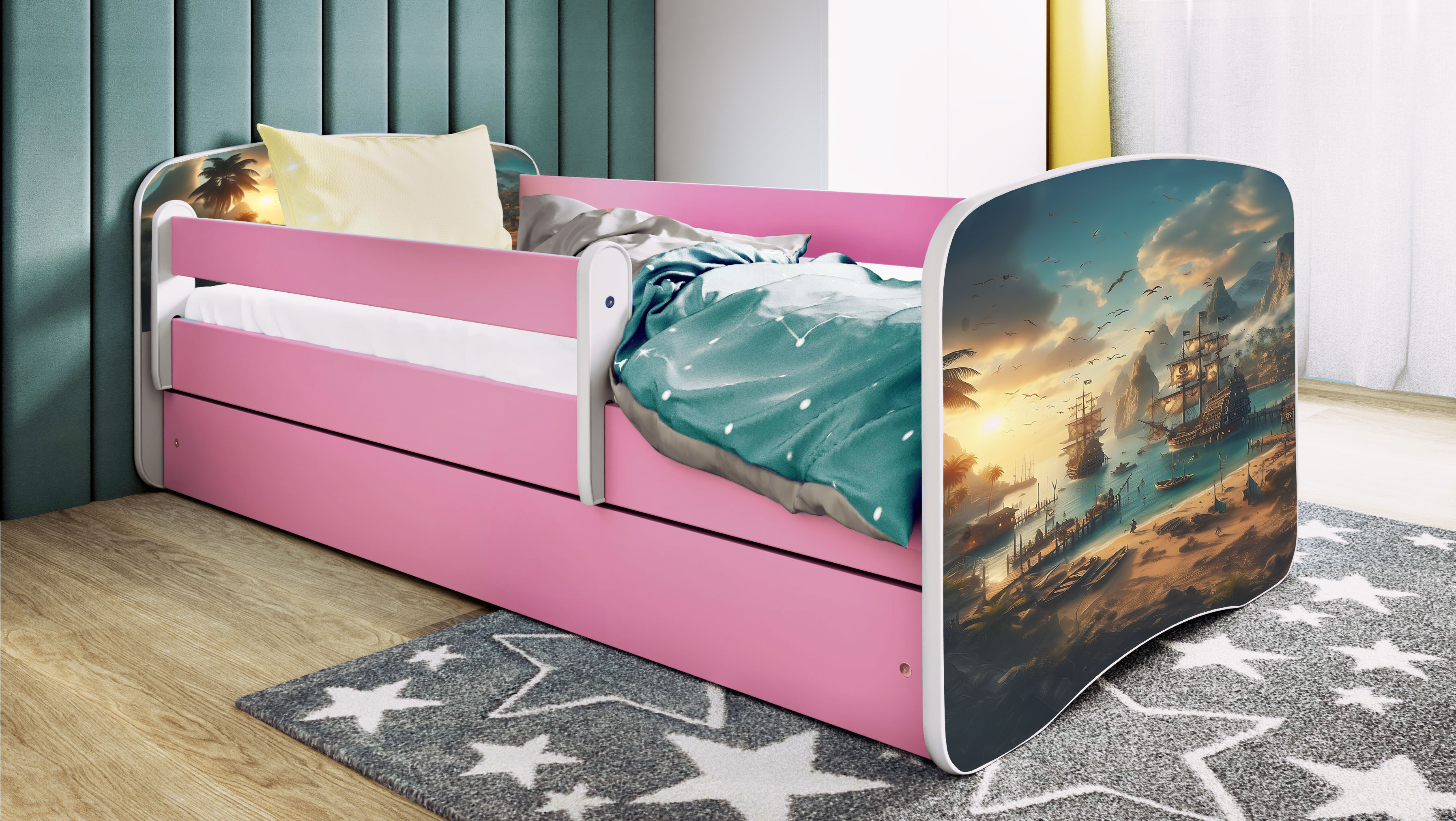 Kinderbett Jugendbett Schiff 70x140, 80x160, 80x180 cm - Komplettset mit Schublade & Rausfallschutz
