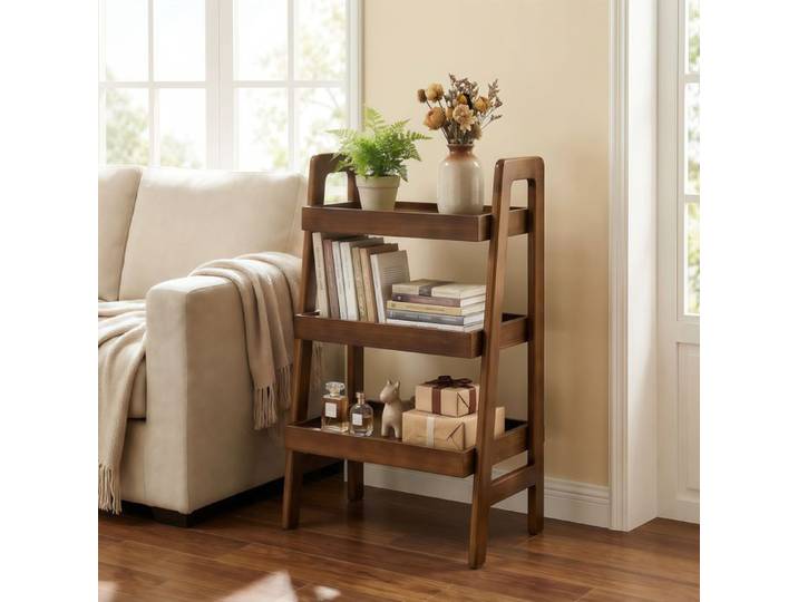 Étagère échelle 3 niveaux en bois massif meuble de rangement ouvert table d'appoint pour salon chambre bureau noyer
