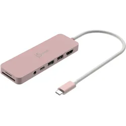 j5Create JCD373ER-N Umweltfreundlicher USB-C-Hub mit mehreren Anschlüssen und Power Delivery (USB-C, 6 Ports), Dockingstation + USB Hub, Rosa