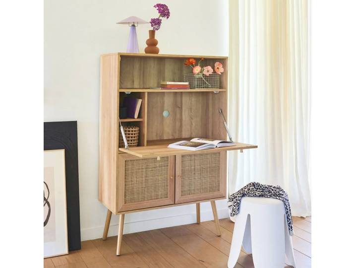 Bureau secrétaire décor bois et cannage 2 portes naturel