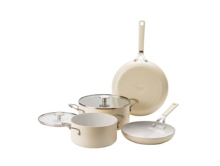 KitchenAid Aluminium Kochgeschirr-Set 6-teilig, Crème Kitchen Aid Aluminium Kochgeschirr mit 9G Keramik-Antihaftbeschichtung, schneller Wärmeverteilung & Induktion