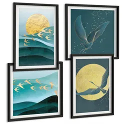 BILDER SET 4er Set - 50x50 cm & 40x60 cm Schwarzer Rahmen - Stilvolle Landschaften mit Vögeln