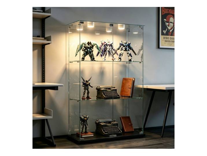 Simurq Glasvitrine Standvitrinen mit LED Beleuchtung Vitrinenschrank mit Glastür (glas vitrine mit 2 Glastür und 3 Lagen,Schloss,Kippsicherung) Sammlervitrine aus gehärtetes Glas,Modernes rahmenloses Design