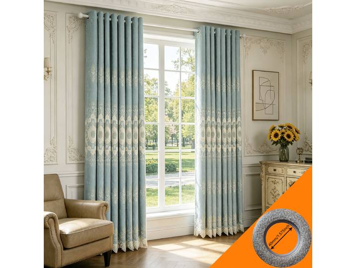 Rideaux en chenille jacquard bleu clair, draperies de fenêtre brodées à pompons vintage, rideaux isolants thermiques et anti-bruit pour L
