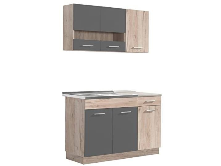 Homestyle4u Küchenzeile 120 cm Grau Eiche - Singleküche ohne Geräte Küchenblock mit Unterschrank, Hängeschränken & Arbeitsplatte – modular erweiterbar, Breite 120 cm