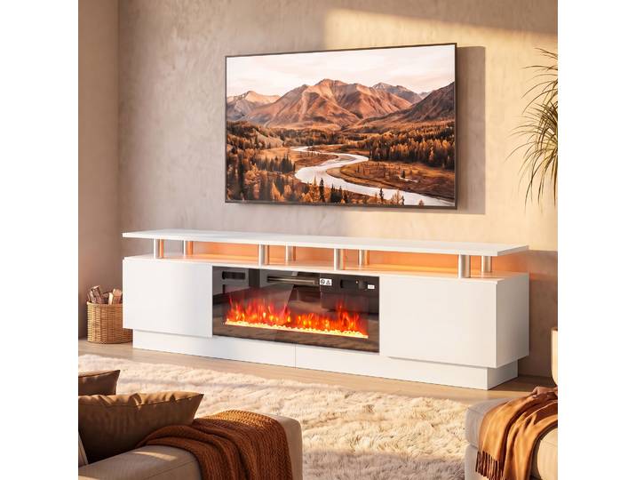 HOMCOM Meuble TV 203cm Cheminée Électrique LED Blanc 900/1800W