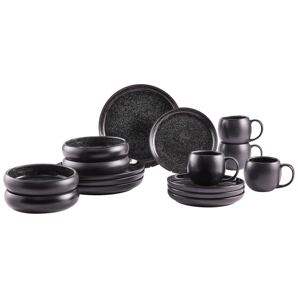 Novel Kombiservice , Schwarz , Keramik , 16-teilig , Farbverlauf , 470 ml , Lfgb, Handmade Quality , lebensmittelecht , Geschirr, Geschirr-Sets, Kombiservice