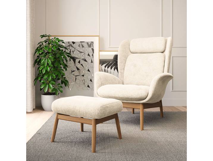 Polsterhocker FEELIX 55 x 36 x 52cm Weiß Eiche Hell Chenille Buladi: Champagner