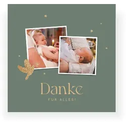 Dankeskarte Taufe: Goldene Taube mit Fotos in Grün