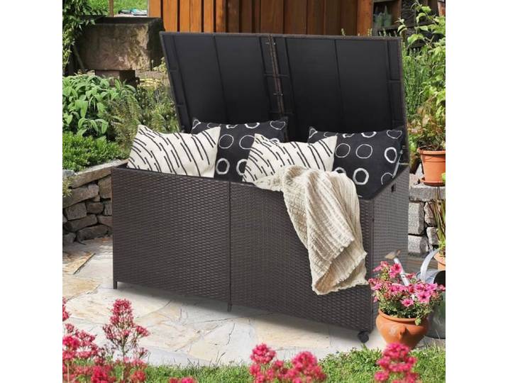 COSTWAY Coffre de Rangement 662L en Rotin PE avec 2 Roulettes et 2 Vérin à Gaz Résistant aux Intempéries 150 x 77 x 73 CM