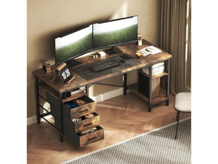 Bureau avec 3 Tiroirs en Tissu 160 × 60 ×75 cm Bureau Gaming avec 3 étagères Bureau Gamer Marron
