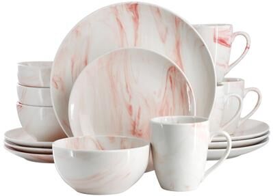 Elama Fine Marble 16 Piece Porcelain Dinnerware Set in Red