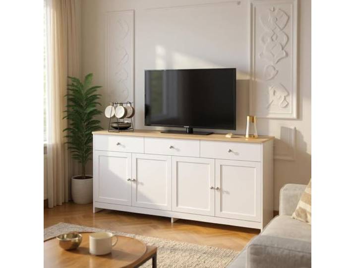 FurnitureR Hochwertige Weiße TV-Bank, Modernes Design, Robuster MDF Aufbau, Vielseitige Staumöglichkeiten, Stilvolles Möbelstück für Wohnräume