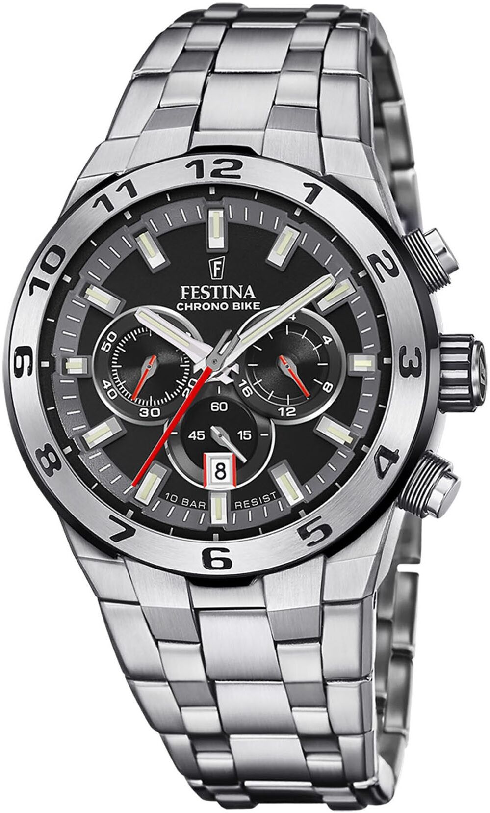 Chronograph FESTINA "Chrono Bike 2024", silber (silberfarben, schwarz), Armbanduhren, Herren, Chronograph, Armbanduhr, Quarzuhr, Herrenuhr, Stoppfunktion, Edelstahlarmband