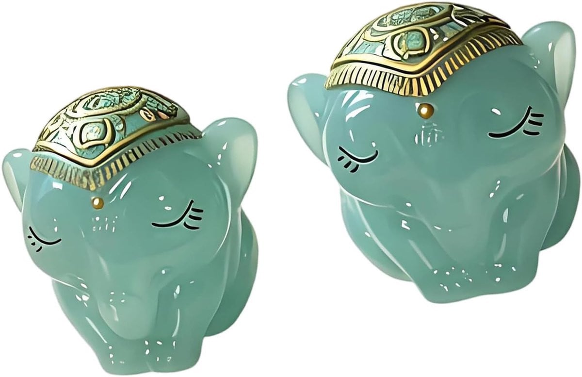 Set van 2 blauwe handgemaakte olifant beeldjes van hars voor bureau decoratie
