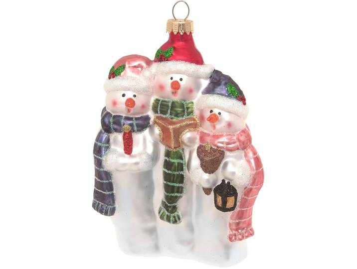 Christbaumschmuck KREBS GLAS LAUSCHA Drei singende Schneemänner , weiß, B:7cm H:17cm T:11,5cm, Glas, Weihnachtsbaumschmuck, Christbaumschmuck, Christbaumschmuck, Glas, mundgeblasen, handgefertigt, Schneemänner
