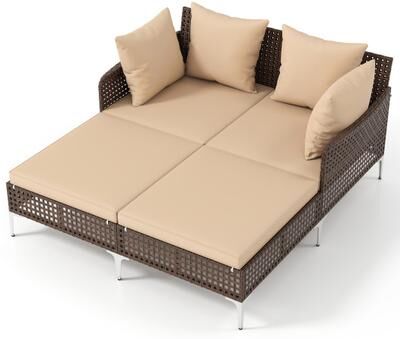 Costway Outdoor Rattan Double Daybed Wicker Chaise Lounge-Brown