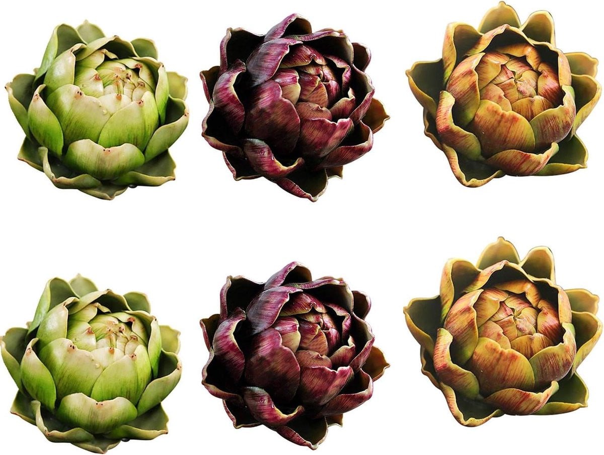 Set van 6 levensechte kunst artisjokken voor decoratie in de keuken, meerkleurig